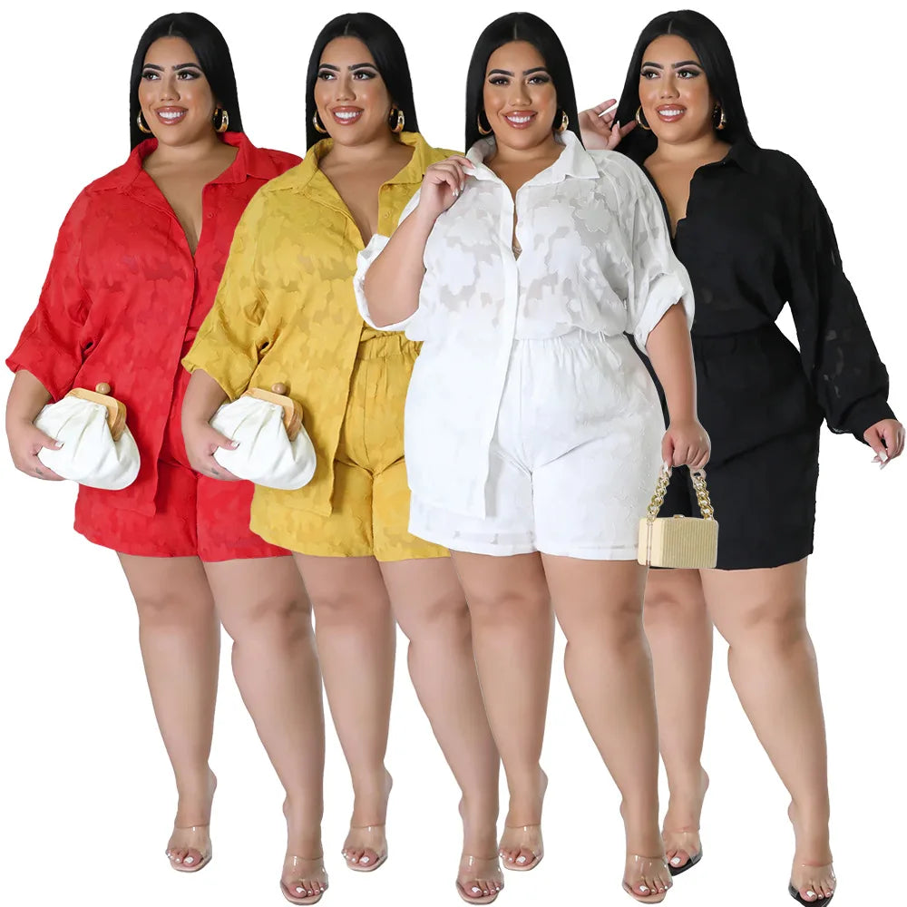 Plus Size Women's 2PC Set - Loose Shirt Top & Shorts Summer Outfits