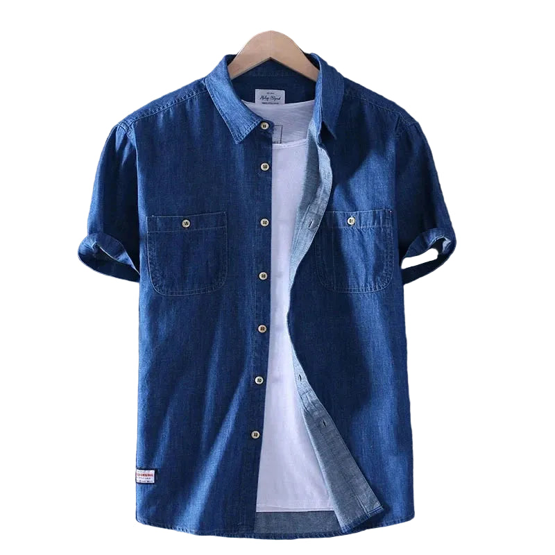 Blue denim shirt on a hanger against a gray background with 'Schinteon' branding.
