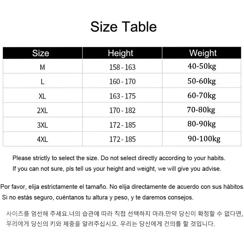 Size chart for clothing with height and weight ranges.