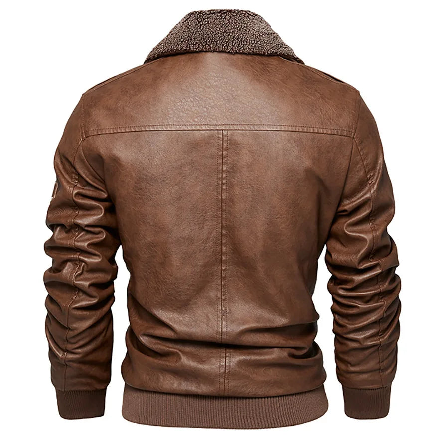 Retro Fur Collar Warm Men's Fleece Lined PU Leather Jacket Coat
