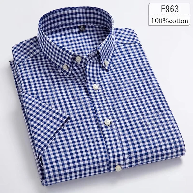 Slim Fit Short Sleeve Soft Feel Men's 100% Cotton Plaid Summer Shirt