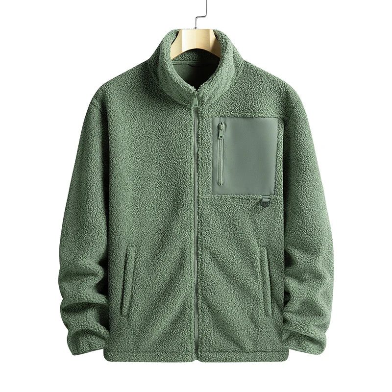 Green fleece jacket with a pocket on a white background