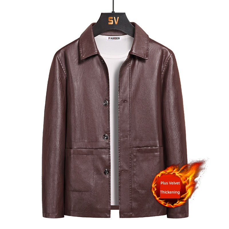 Korean Fashion Men's Warm Lapel Leather Jacket - Solid Color