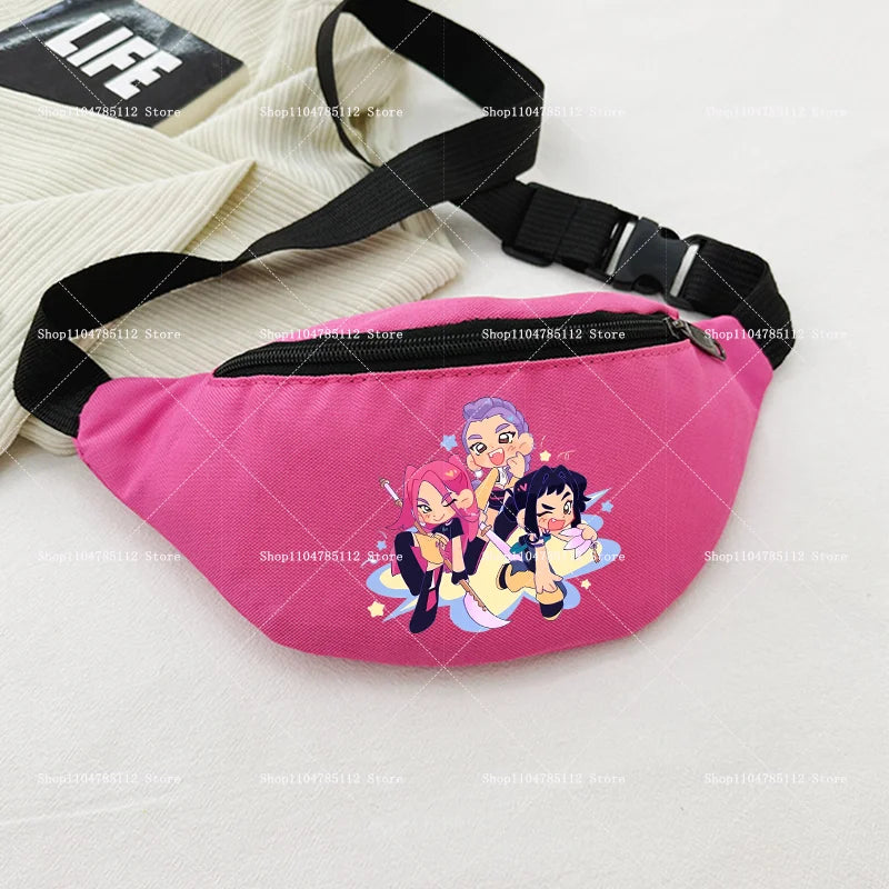 Pink waist bag with cartoon characters on a light gray background