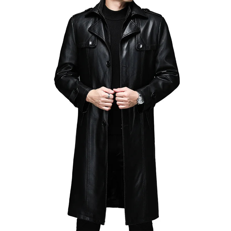 Men’s Long Leather Winter Coat – Warm Plush Lined Casual Trench Jacket