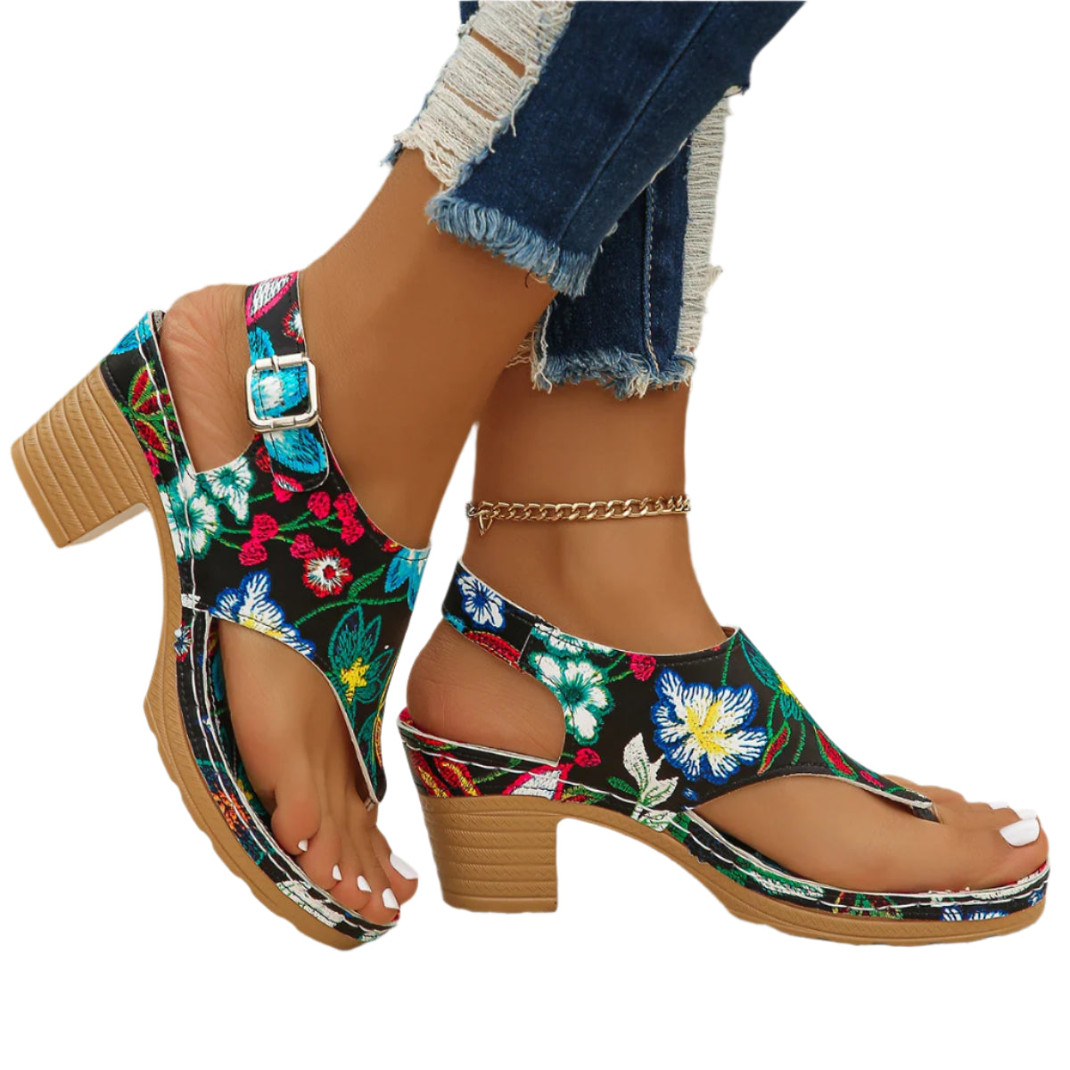 Fashion Chunky Heel Women’s Sandals – Mixed Color Open Toe Summer