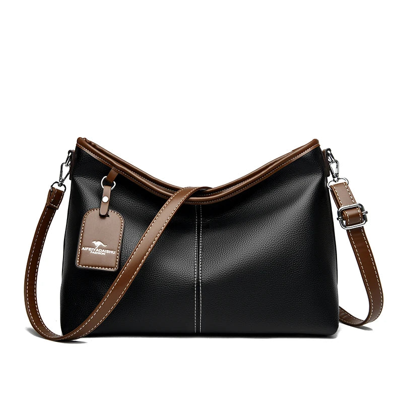 Soft PU Leather Shoulder Bag - Color Contrast Crossbody Tote for Women