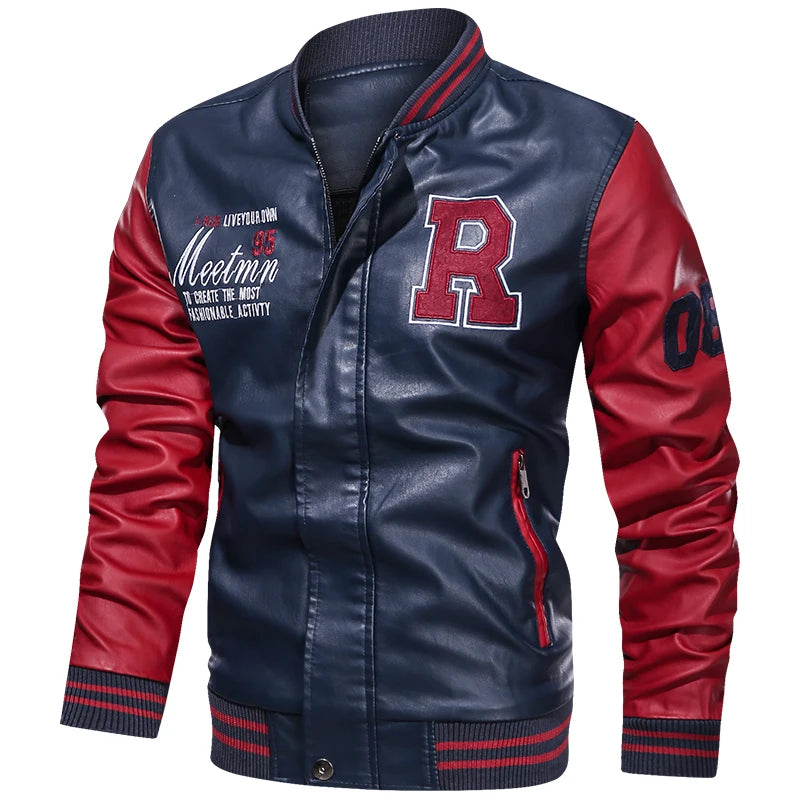 Men's Embroidered PU Leather Jacket: Fleece Lined Winter Coat