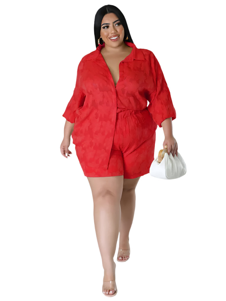 Plus Size Women's 2PC Set - Loose Shirt Top & Shorts Summer Outfits
