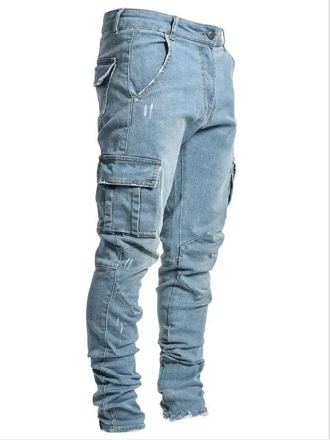 Men’s Cargo Jeans – Mid Waist Multi-Pocket Casual Denim Pants