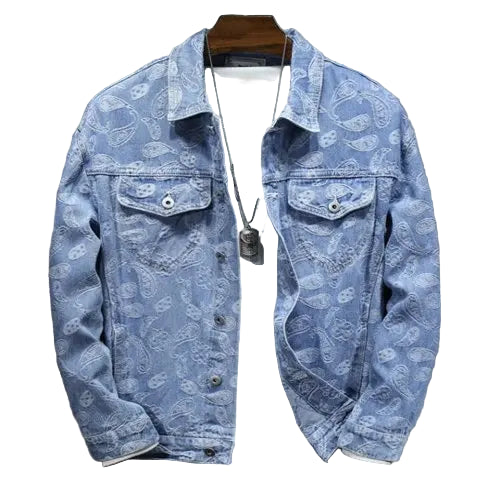 Blue denim jacket on a gray background