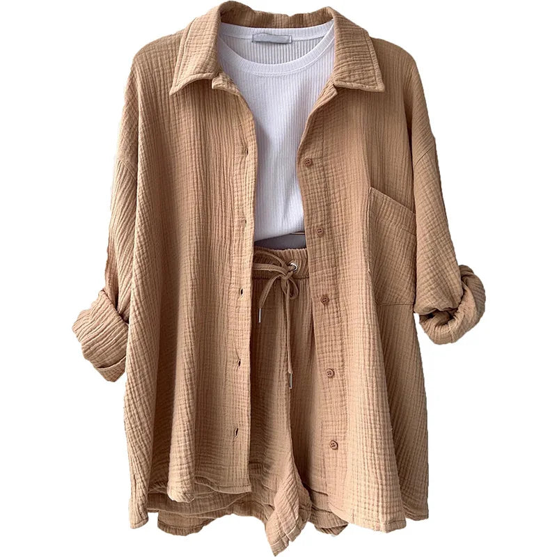 Women's Casual Shirt & Shorts Suit - Full Sleeve Spring/Summer Set