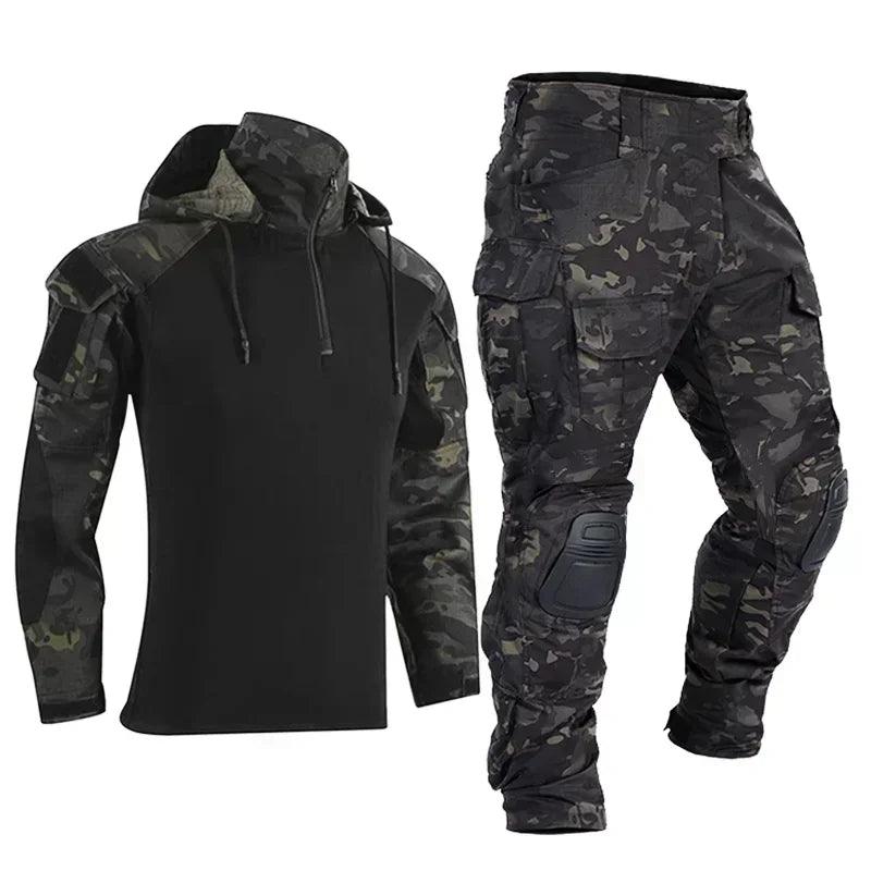 Airsoft Tactical Windproof Combat Shirt Suit & Camo Cargo Pants with Knee Pads