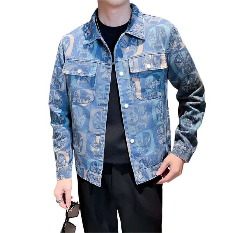 Men’s Blue Denim Jacket | Printed Trim Casual Coat M–4XL Sizes