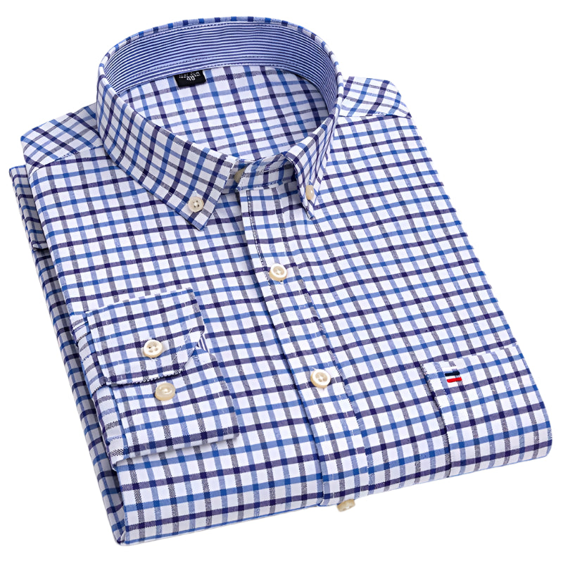 Men’s 100% Cotton Plaid Oxford Shirt – Smart Casual Plus Size 7XL