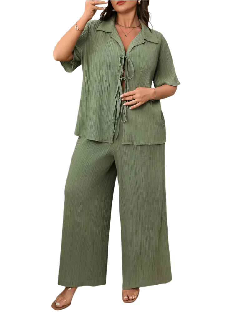 Plus Size 2PC Set - Loose Lace-Up Shirt & Wide Leg Pants Spring/Summer