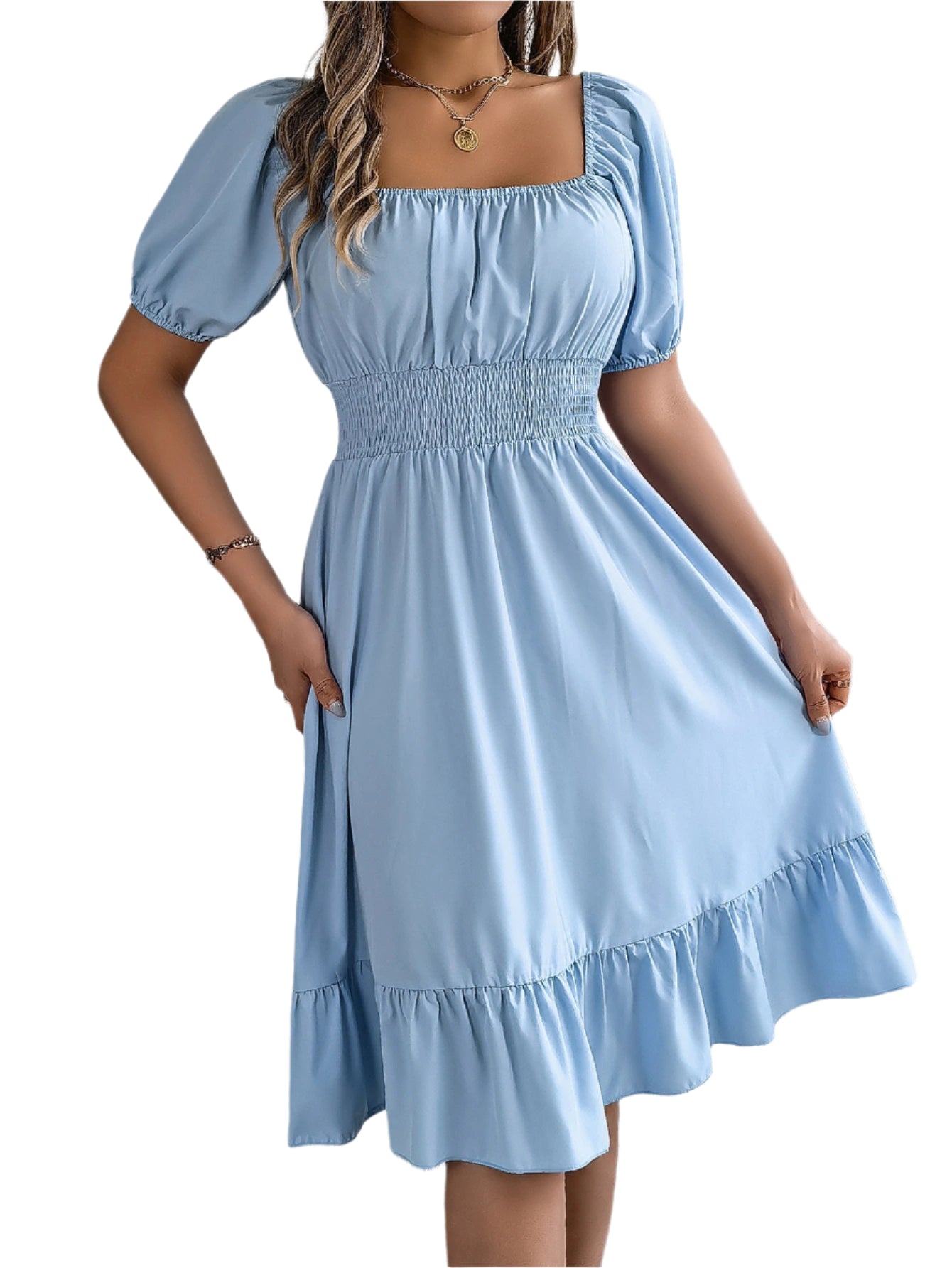 Elegant Square Neck Ruffled Dress – Spring Summer High Waist