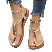 Bohemian Women's Beaded Clip Toe Elastic Flat Sandals for Summer