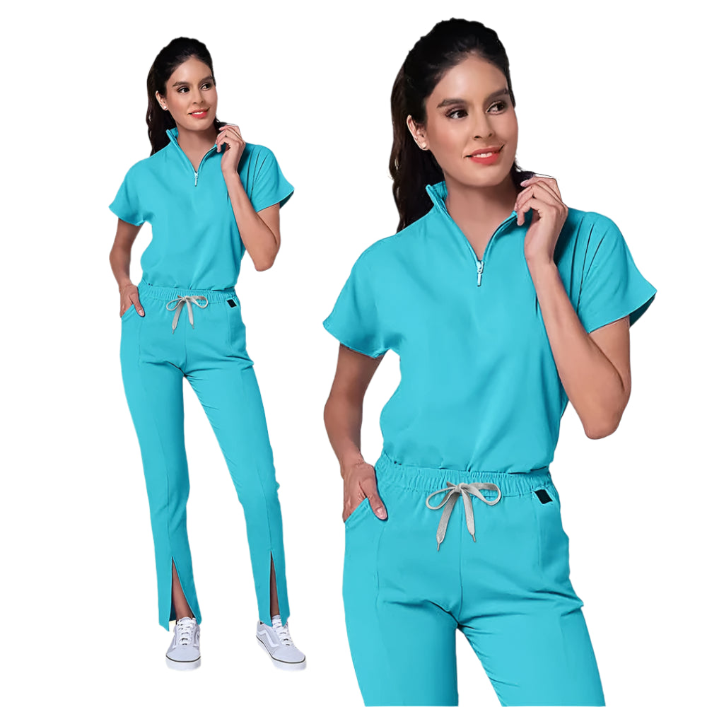Zipper V-Neck Women’s 2-Piece Medical Scrubs Set with Pockets – Top + Pants