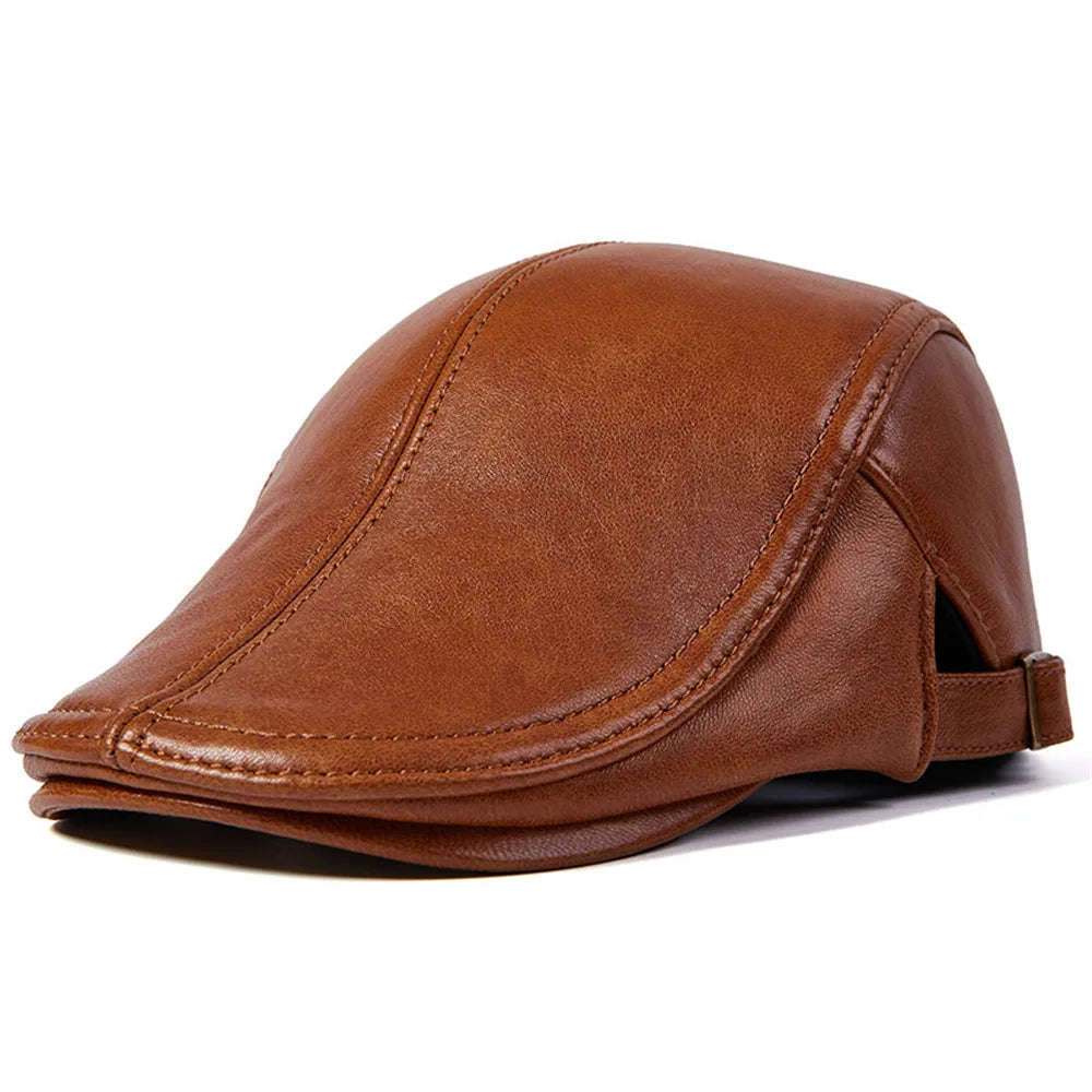 Adjustable-fit Real Leather Beret - Warm Sheepskin Flat Men's Cap