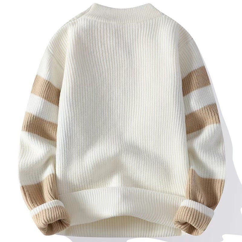 White sweater with brown striped sleeves on a white background