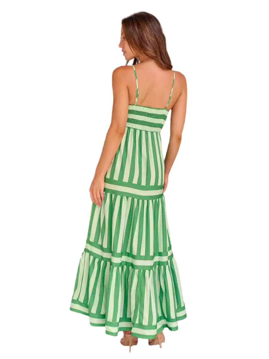 Summer Striped Backless Long Dress: Square Neck & Pockets