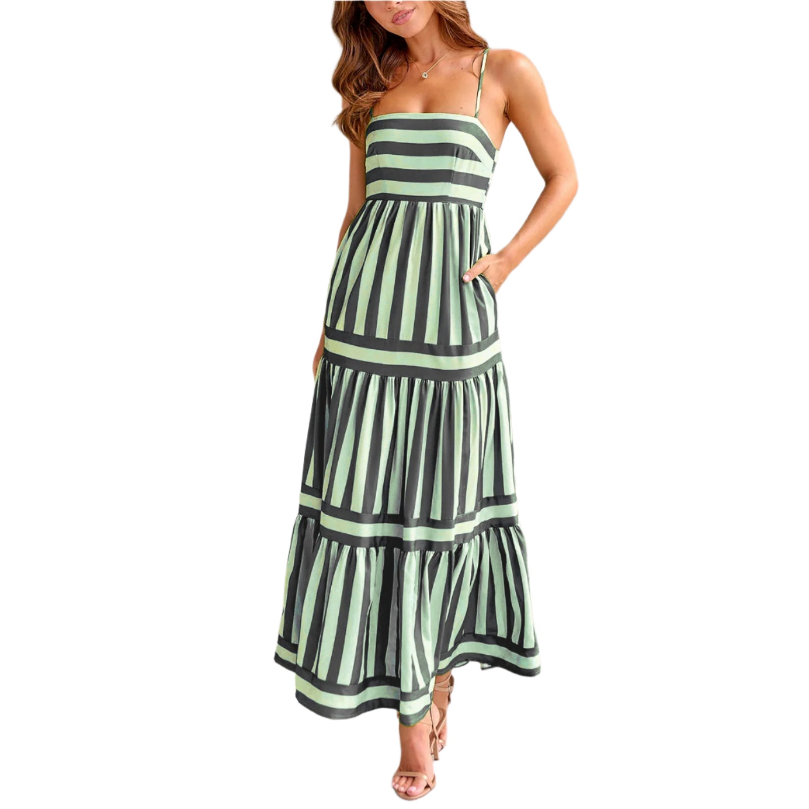 Summer Striped Backless Long Dress: Square Neck & Pockets