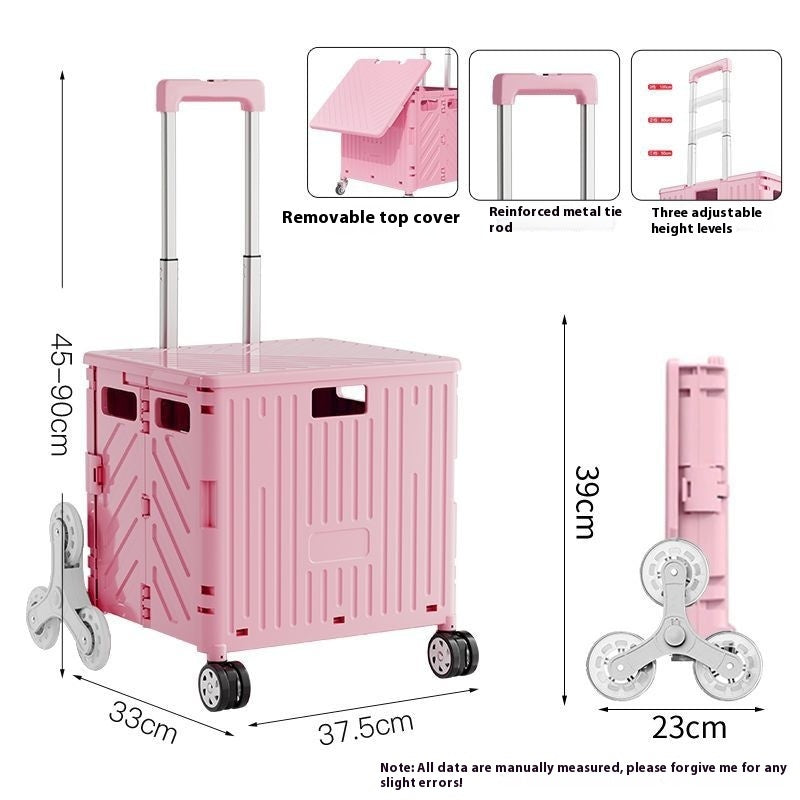 Pink shopping cart with dimensions and features on a white background
