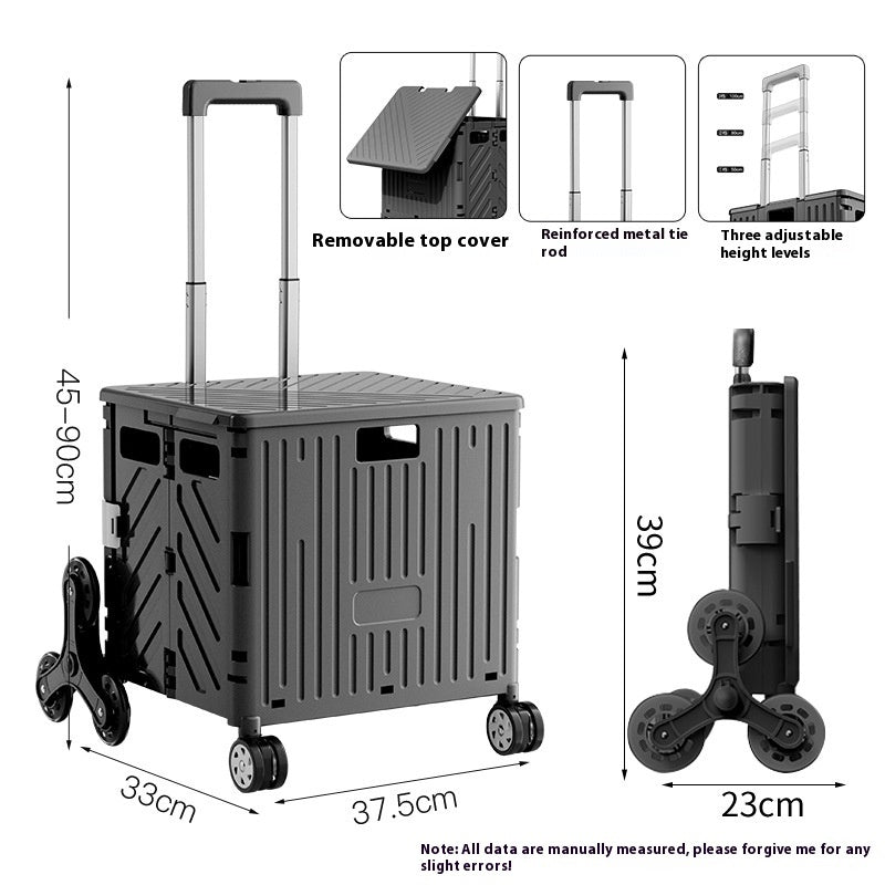 Black rolling cart with dimensions and features on a white background