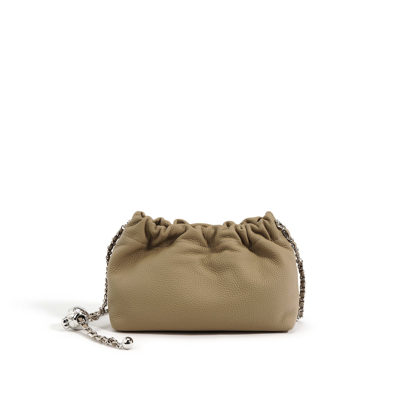 Beige handbag with a chain detail on a white background