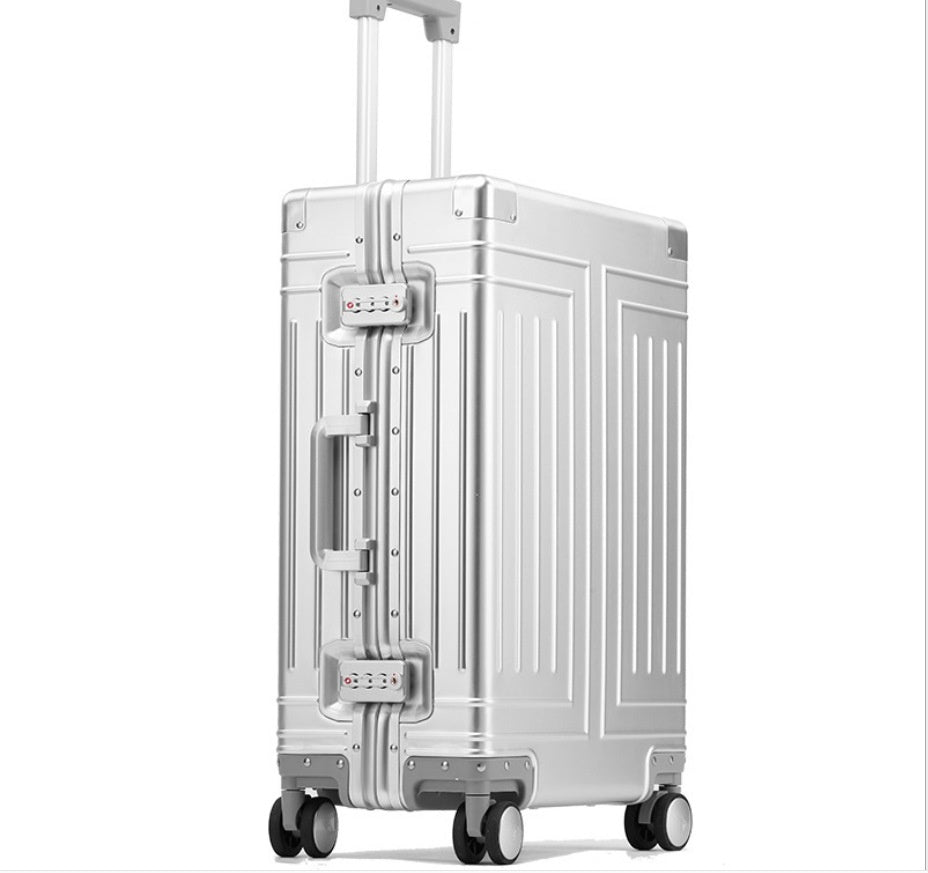 Silver suitcase with wheels on a white background