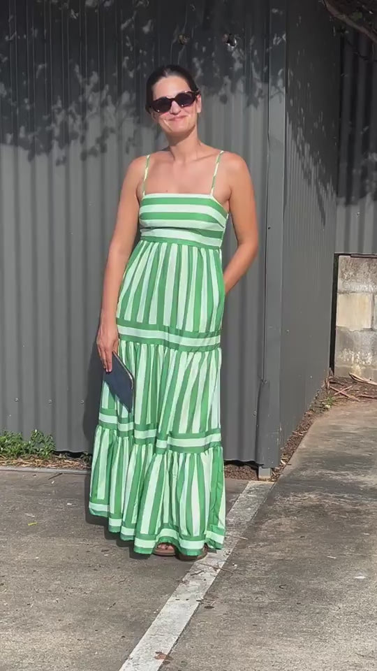 Load video: Summer Striped Backless Long Dress: Square Neck &amp; Pockets video 