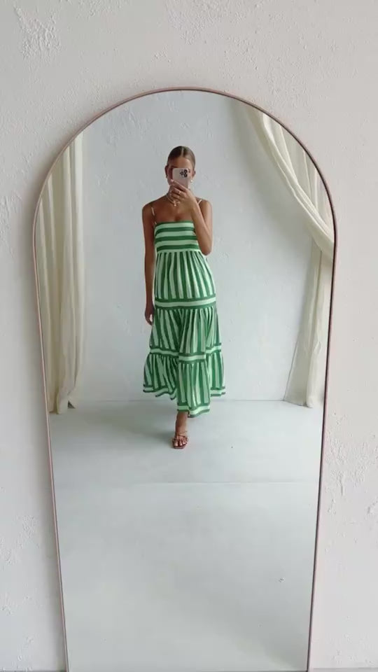 Summer Striped Backless Long Dress: Square Neck & Pockets video2