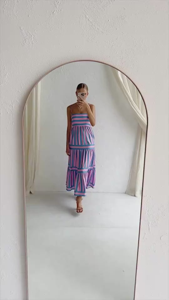 Load video: Summer Striped Backless Long Dress: Square Neck &amp; Pockets video