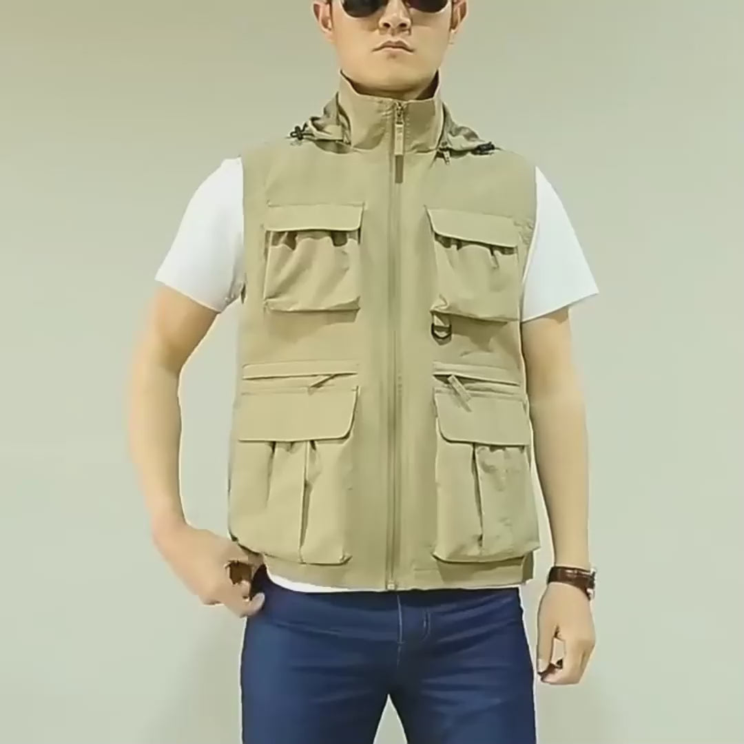 Load video: Outdoor Hooded Fishing Vest – Detachable Hat Breathable Multi-Pocket Sports Vest